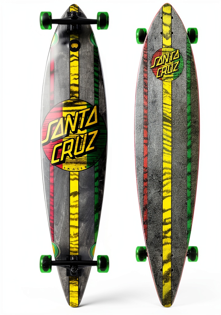 SANTA CRUZ longboard on a paved path showcasing its multi-color design