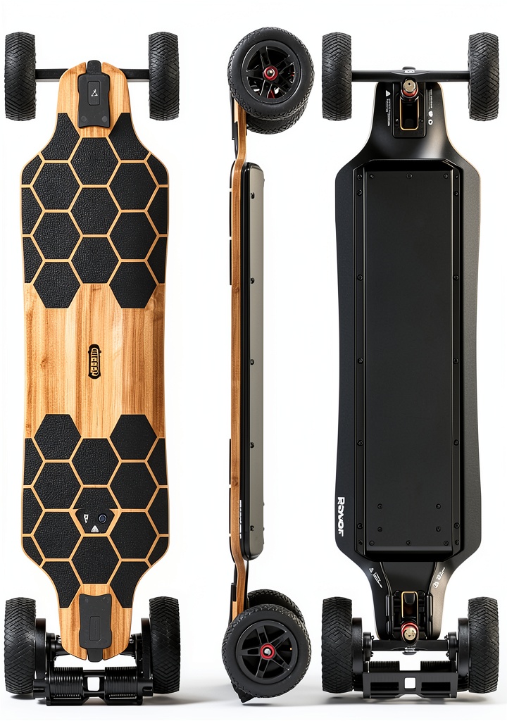 Unboxing Meepo Rover electric longboard with bamboo‑pattern deck on a workbench