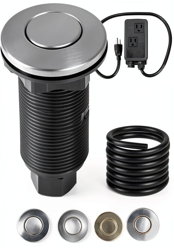 VEVOR Garbage Disposal Air Switch Kit, Dual Outlet Sink Top Air Switch for Food Waste Disposal, 3.5-inch Long Brushed Silver Stainless Steel ON/OFF Air Button for Granite, Marble, Quartz Countertops-0